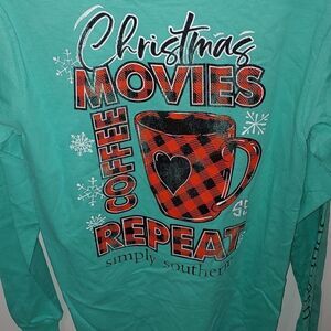 Simply Southern christmas Movies Coffee Repeat  long sleeve tshirt  Sz S…